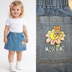 NWOT! Moschino Toddler Denim Skirt with Teddy Bear Flower Graphic SZ. 2
